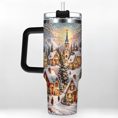 #pl[40oz|Black] Mountain Village 40oz Tumbler with Handle, Snowy Holiday Scene