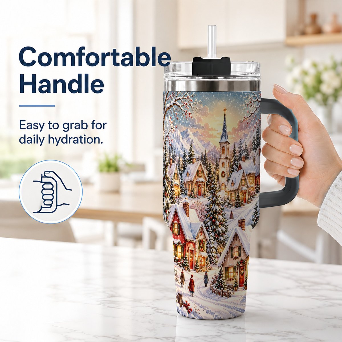 #pl[40oz|Black] Mountain Village 40oz Tumbler with Handle, Snowy Holiday Scene