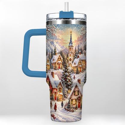 #pl[40oz|Blue] Mountain Village 40oz Tumbler with Handle, Snowy Holiday Scene