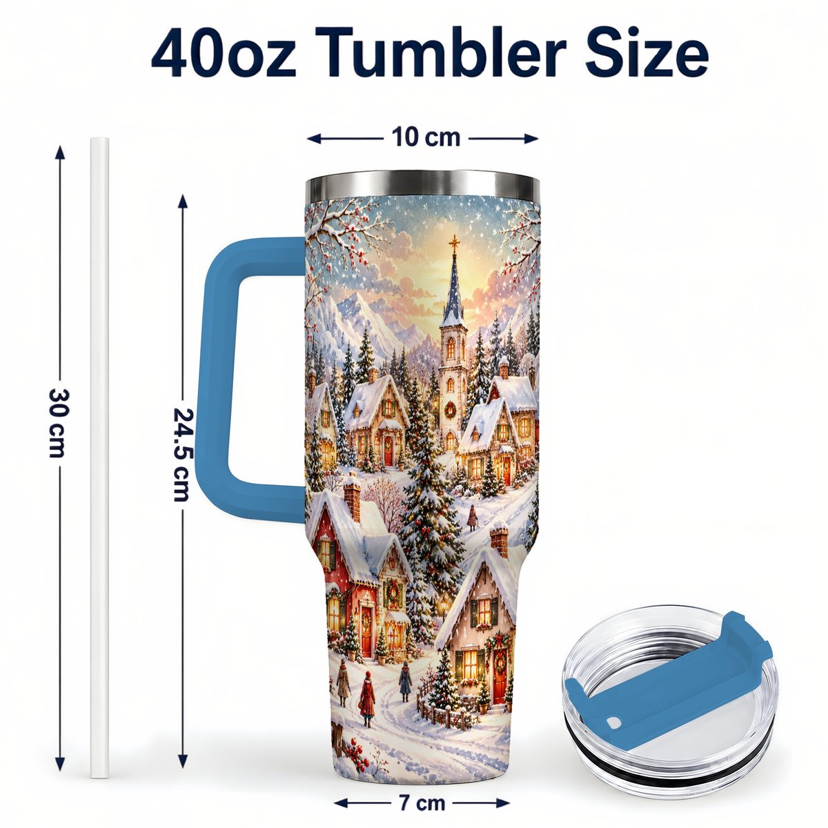 #pl[40oz|Blue] Mountain Village 40oz Tumbler with Handle, Snowy Holiday Scene
