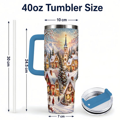 #pl[40oz|Blue] Mountain Village 40oz Tumbler with Handle, Snowy Holiday Scene