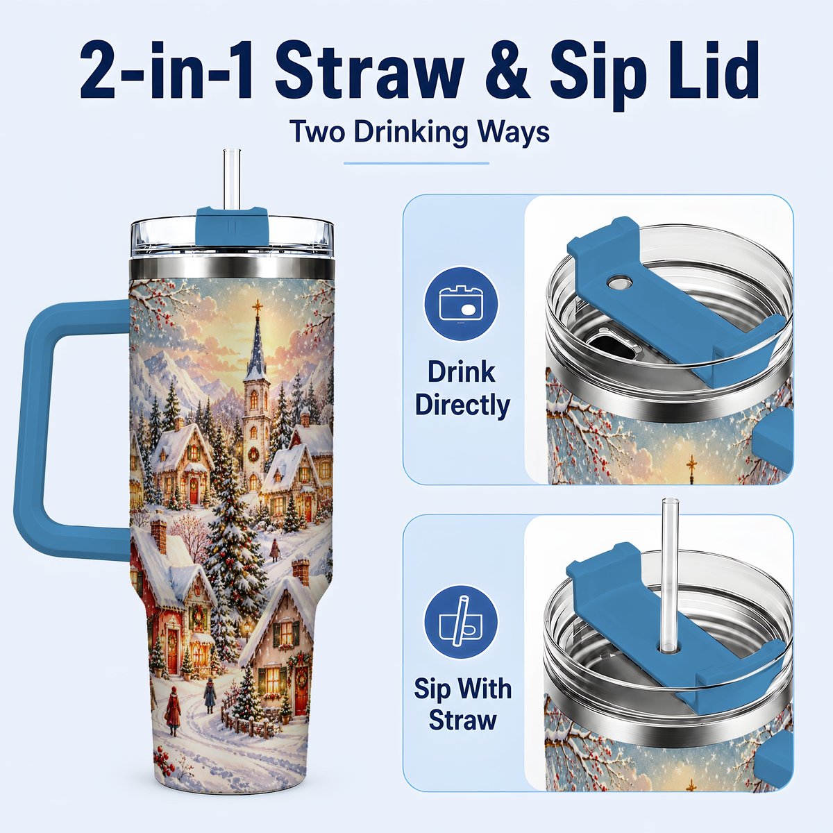 #pl[40oz|Blue] Mountain Village 40oz Tumbler with Handle, Snowy Holiday Scene