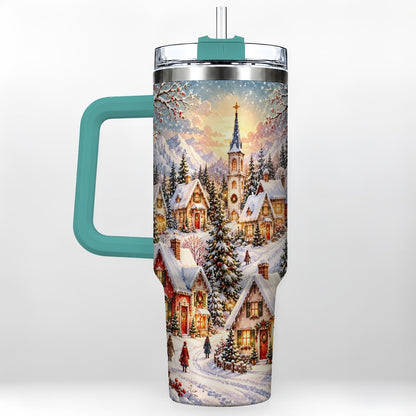 #pl[40oz|Green] Mountain Village 40oz Tumbler with Handle, Snowy Holiday Scene