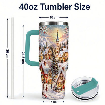 #pl[40oz|Green] Mountain Village 40oz Tumbler with Handle, Snowy Holiday Scene