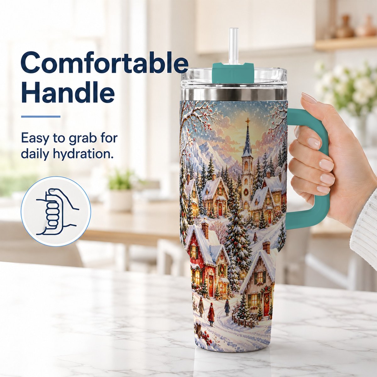 #pl[40oz|Green] Mountain Village 40oz Tumbler with Handle, Snowy Holiday Scene