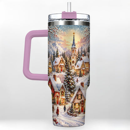 #pl[40oz|Pink] Mountain Village 40oz Tumbler with Handle, Snowy Holiday Scene