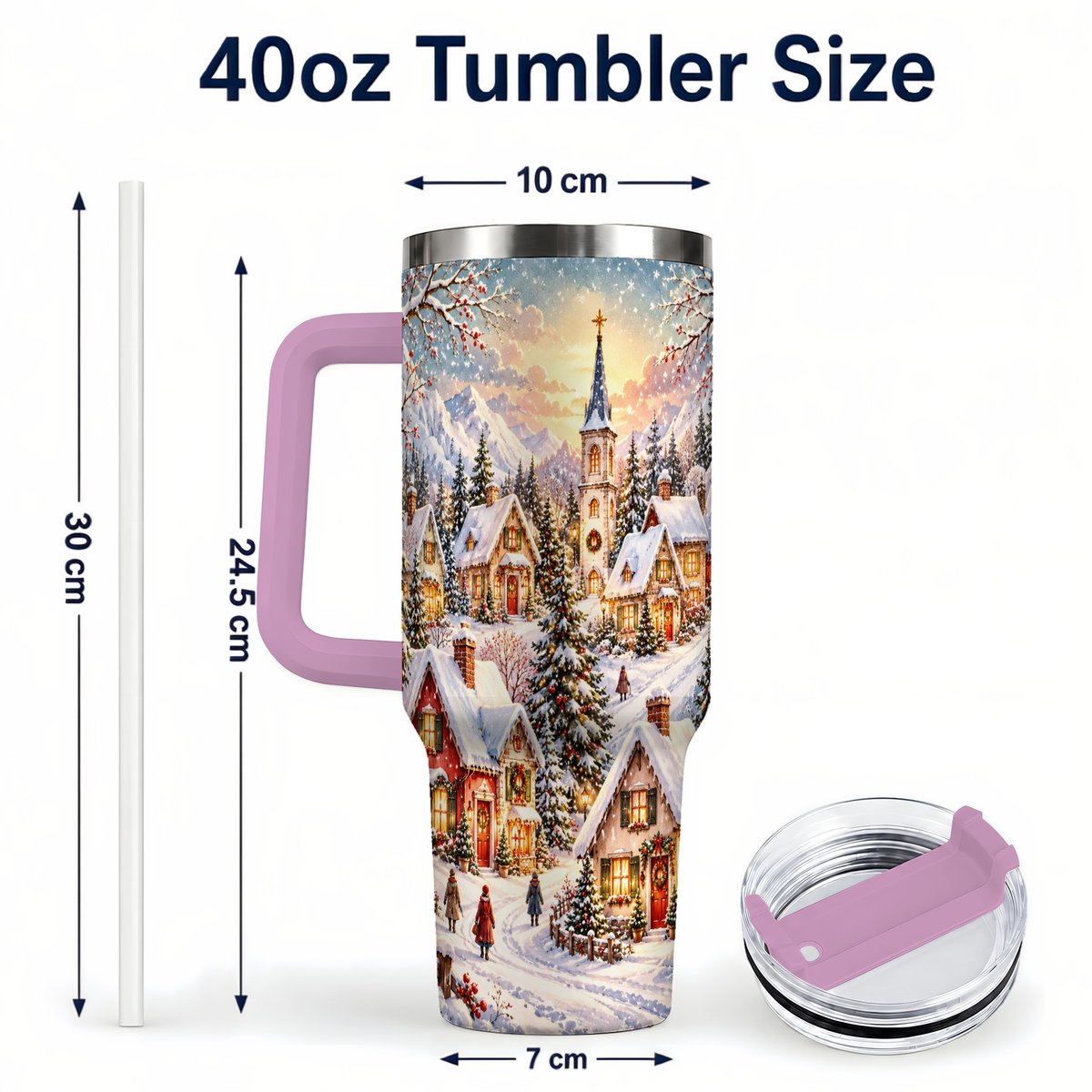 #pl[40oz|Pink] Mountain Village 40oz Tumbler with Handle, Snowy Holiday Scene