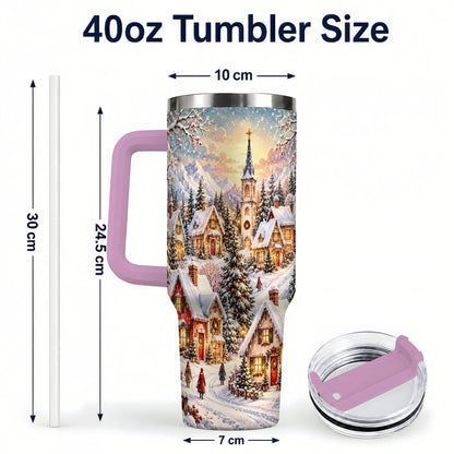 #pl[40oz|Pink] Mountain Village 40oz Tumbler with Handle, Snowy Holiday Scene