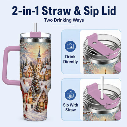 #pl[40oz|Pink] Mountain Village 40oz Tumbler with Handle, Snowy Holiday Scene