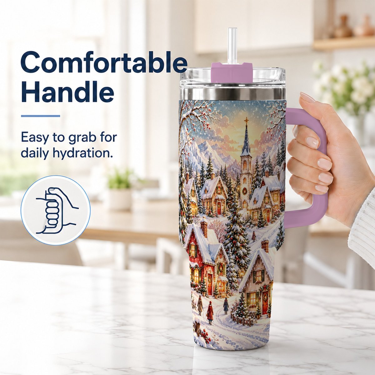#pl[40oz|Pink] Mountain Village 40oz Tumbler with Handle, Snowy Holiday Scene