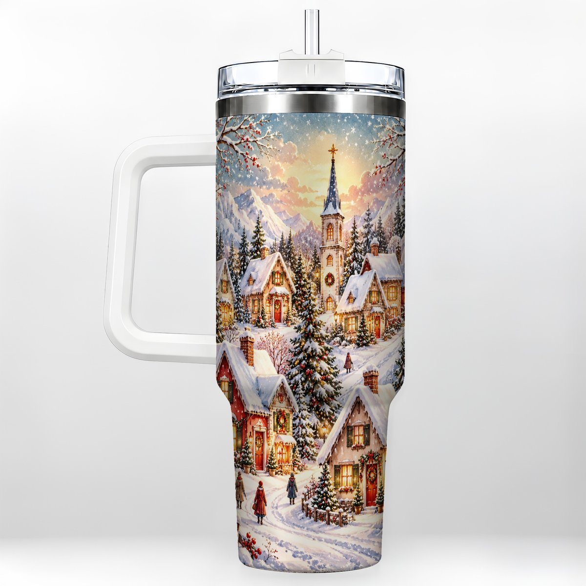 Mountain Village 40oz Tumbler with Handle, Snowy Holiday Scene