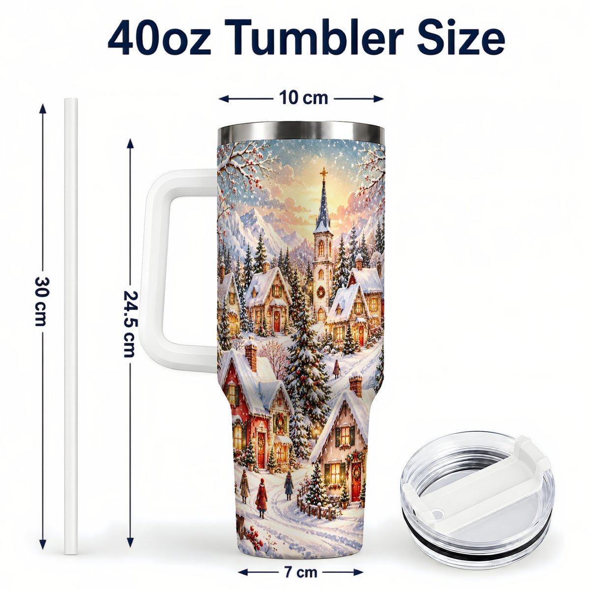 #pl[40oz|White] Mountain Village 40oz Tumbler with Handle, Snowy Holiday Scene