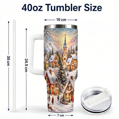 #pl[40oz|White] Mountain Village 40oz Tumbler with Handle, Snowy Holiday Scene