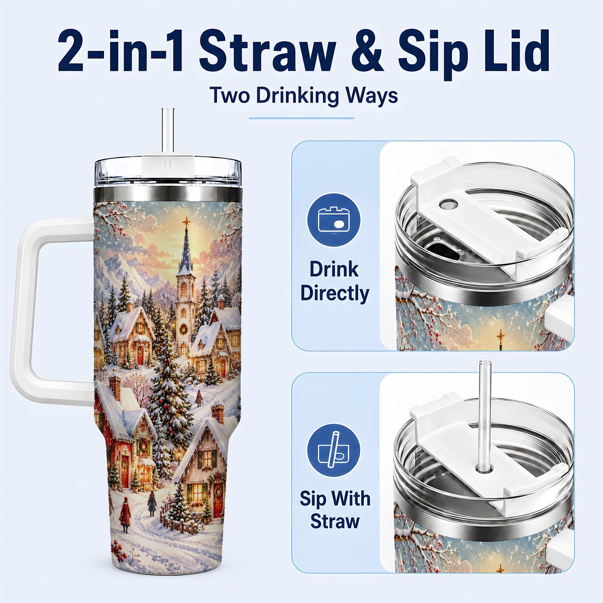 #pl[40oz|White] Mountain Village 40oz Tumbler with Handle, Snowy Holiday Scene