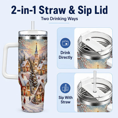 #pl[40oz|White] Mountain Village 40oz Tumbler with Handle, Snowy Holiday Scene