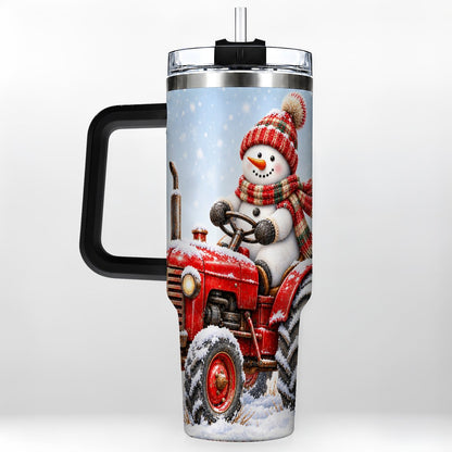 #pl[40oz|Black] Snowman Tractor 40oz Tumbler with Handle, Christmas Farm Art