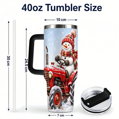 #pl[40oz|Black] Snowman Tractor 40oz Tumbler with Handle, Christmas Farm Art