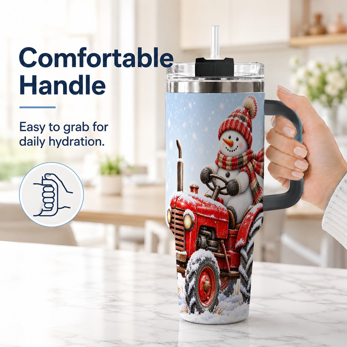 #pl[40oz|Black] Snowman Tractor 40oz Tumbler with Handle, Christmas Farm Art