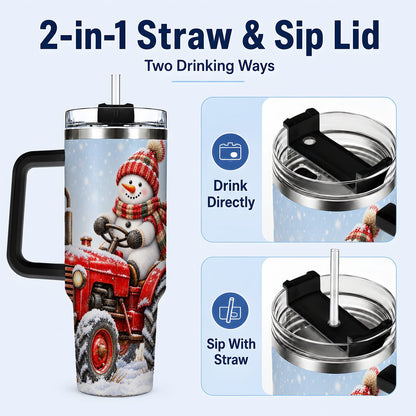 #pl[40oz|Black] Snowman Tractor 40oz Tumbler with Handle, Christmas Farm Art