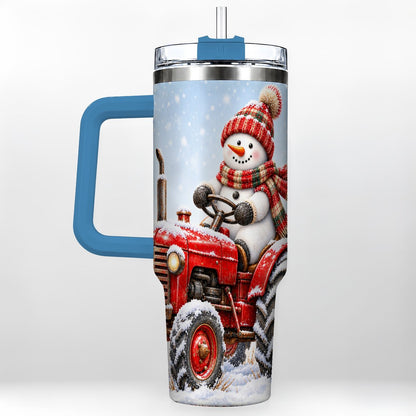 #pl[40oz|Blue] Snowman Tractor 40oz Tumbler with Handle, Christmas Farm Art