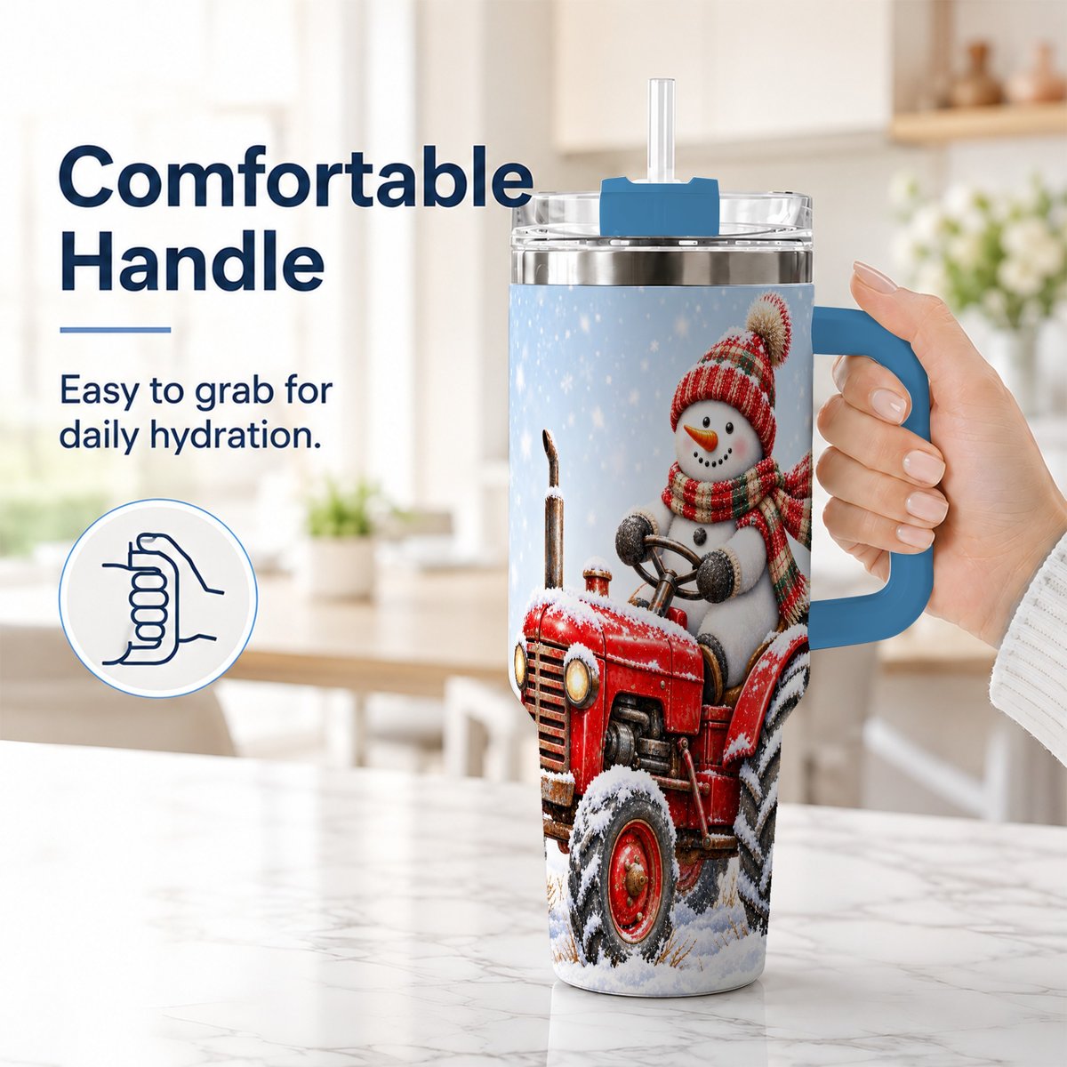 #pl[40oz|Blue] Snowman Tractor 40oz Tumbler with Handle, Christmas Farm Art