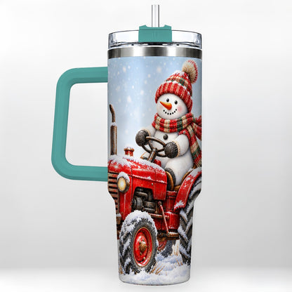 #pl[40oz|Green] Snowman Tractor 40oz Tumbler with Handle, Christmas Farm Art