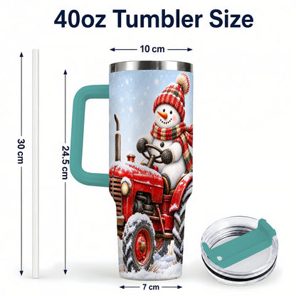 #pl[40oz|Green] Snowman Tractor 40oz Tumbler with Handle, Christmas Farm Art