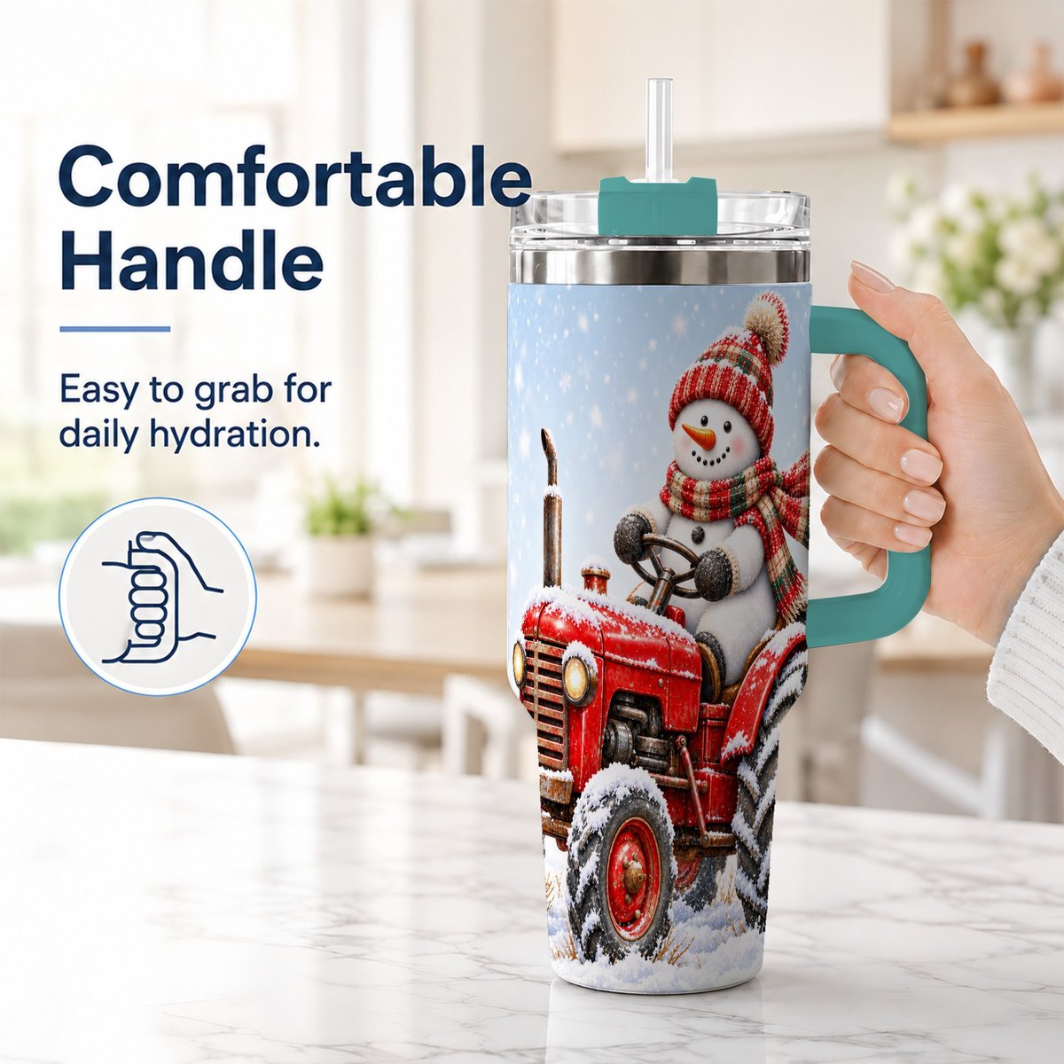 #pl[40oz|Green] Snowman Tractor 40oz Tumbler with Handle, Christmas Farm Art