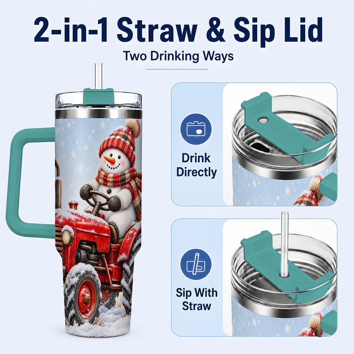 #pl[40oz|Green] Snowman Tractor 40oz Tumbler with Handle, Christmas Farm Art