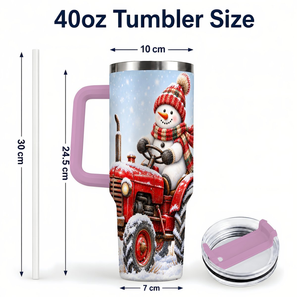 #pl[40oz|Pink] Snowman Tractor 40oz Tumbler with Handle, Christmas Farm Art