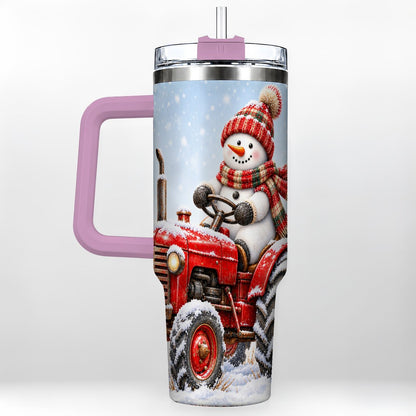 #pl[40oz|Pink] Snowman Tractor 40oz Tumbler with Handle, Christmas Farm Art