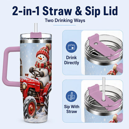 #pl[40oz|Pink] Snowman Tractor 40oz Tumbler with Handle, Christmas Farm Art