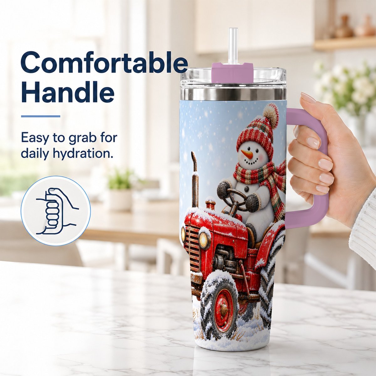 #pl[40oz|Pink] Snowman Tractor 40oz Tumbler with Handle, Christmas Farm Art