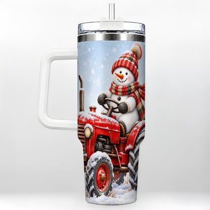 Snowman Tractor 40oz Tumbler with Handle, Christmas Farm Art