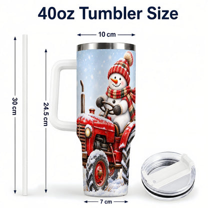 #pl[40oz|White] Snowman Tractor 40oz Tumbler with Handle, Christmas Farm Art