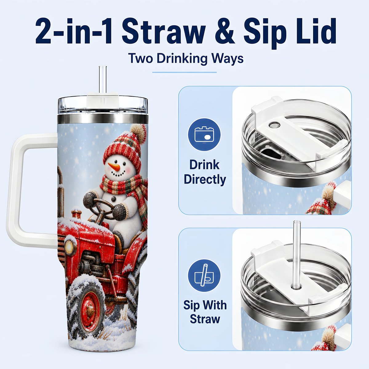 #pl[40oz|White] Snowman Tractor 40oz Tumbler with Handle, Christmas Farm Art
