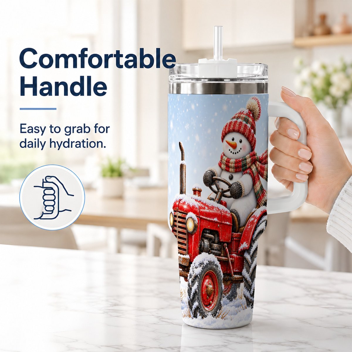 #pl[40oz|White] Snowman Tractor 40oz Tumbler with Handle, Christmas Farm Art