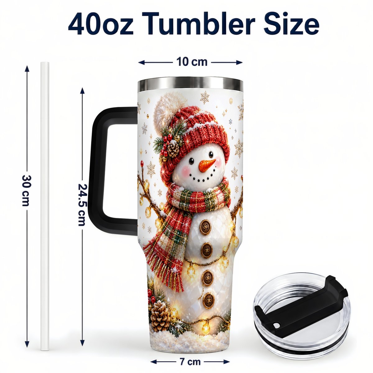 #pl[40oz|Black] Festive Snowman 40oz Tumbler with Handle, Holiday Lights Art