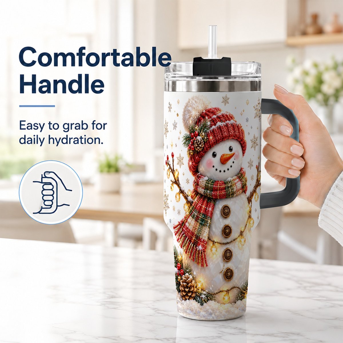 #pl[40oz|Black] Festive Snowman 40oz Tumbler with Handle, Holiday Lights Art