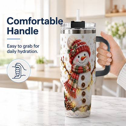 #pl[40oz|Black] Festive Snowman 40oz Tumbler with Handle, Holiday Lights Art