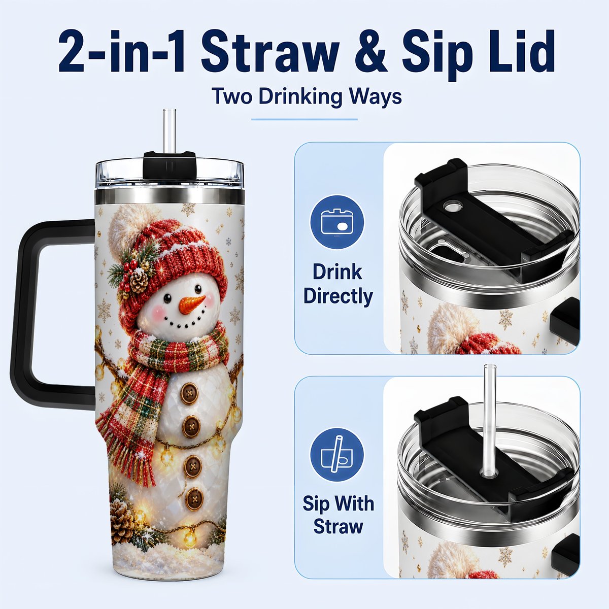 #pl[40oz|Black] Festive Snowman 40oz Tumbler with Handle, Holiday Lights Art