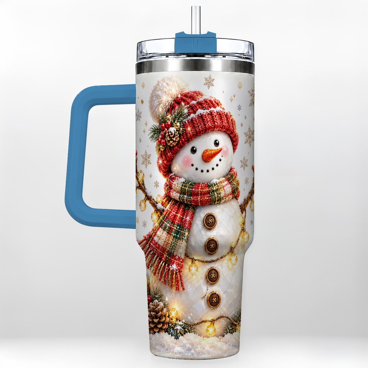 #pl[40oz|Blue] Festive Snowman 40oz Tumbler with Handle, Holiday Lights Art