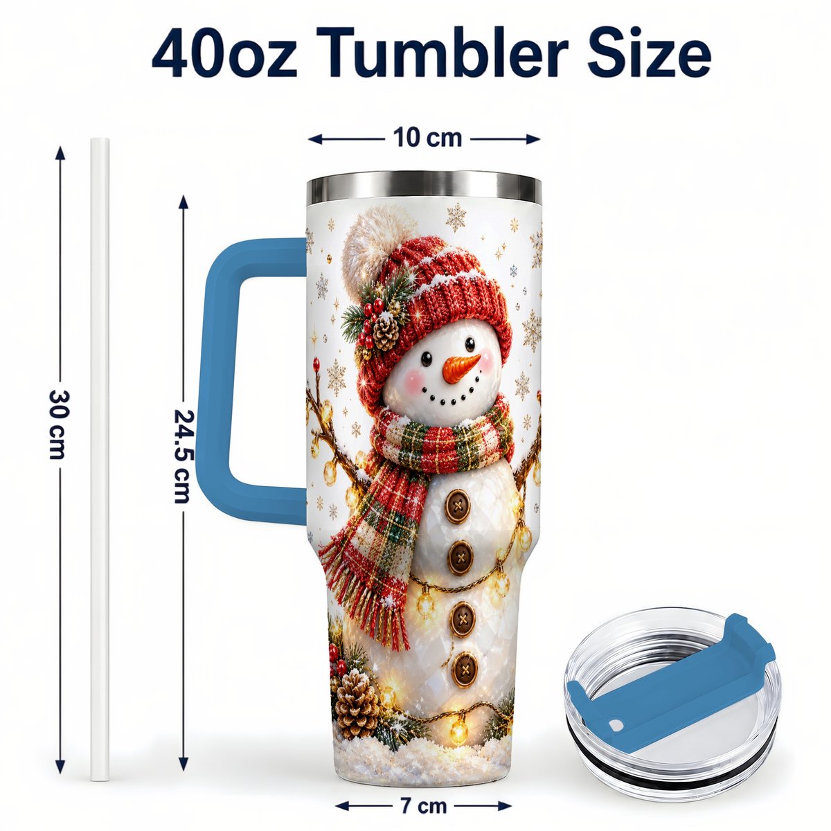 #pl[40oz|Blue] Festive Snowman 40oz Tumbler with Handle, Holiday Lights Art