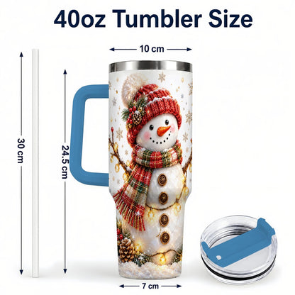 #pl[40oz|Blue] Festive Snowman 40oz Tumbler with Handle, Holiday Lights Art