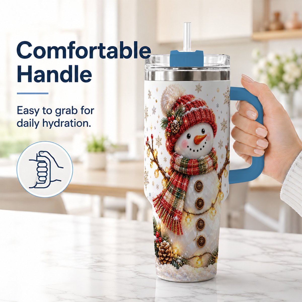 #pl[40oz|Blue] Festive Snowman 40oz Tumbler with Handle, Holiday Lights Art