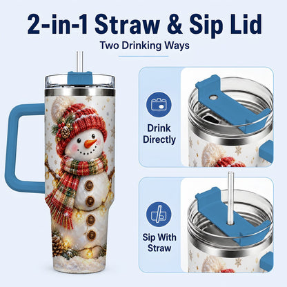 #pl[40oz|Blue] Festive Snowman 40oz Tumbler with Handle, Holiday Lights Art