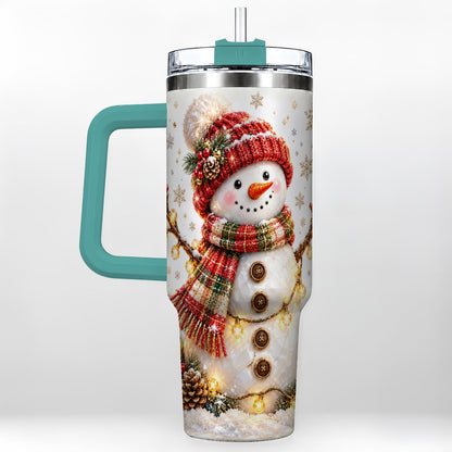 #pl[40oz|Green] Festive Snowman 40oz Tumbler with Handle, Holiday Lights Art