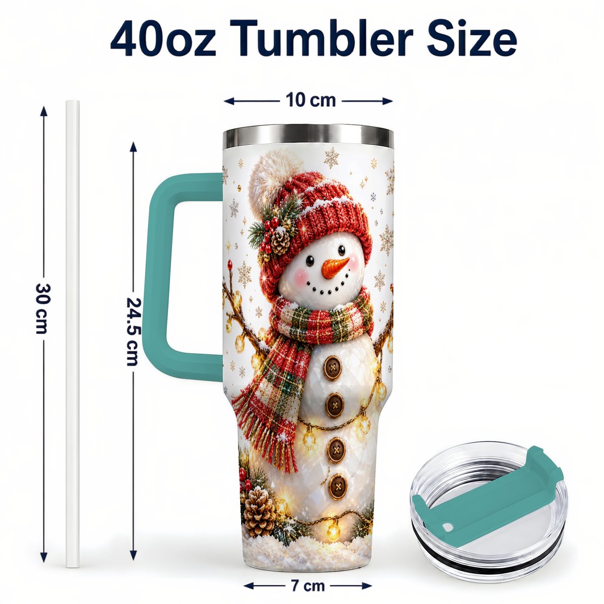 #pl[40oz|Green] Festive Snowman 40oz Tumbler with Handle, Holiday Lights Art