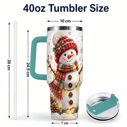 #pl[40oz|Green] Festive Snowman 40oz Tumbler with Handle, Holiday Lights Art