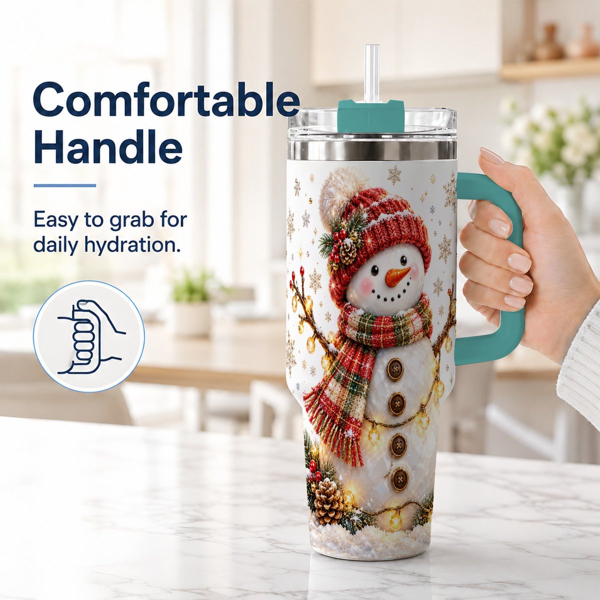 #pl[40oz|Green] Festive Snowman 40oz Tumbler with Handle, Holiday Lights Art